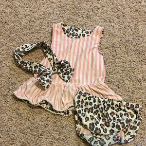 Mud Pie Pink and White Striped Kids Bikini Set with Leopard Accents